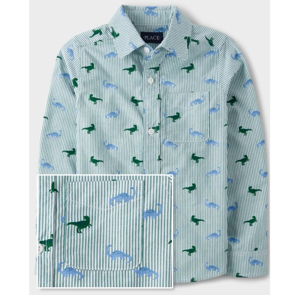 NWT - The Children’s Place Striped Dino Poplin Shirt (Green/White/Blue) Size 5T